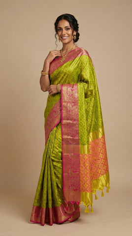 Parrot Green Banarasi Silk saree With Bouse