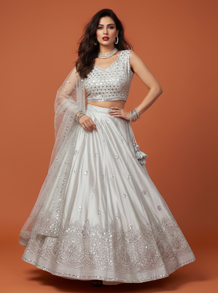 Elegant Silver Japan Satin Embroidered Lehenga Choli Set