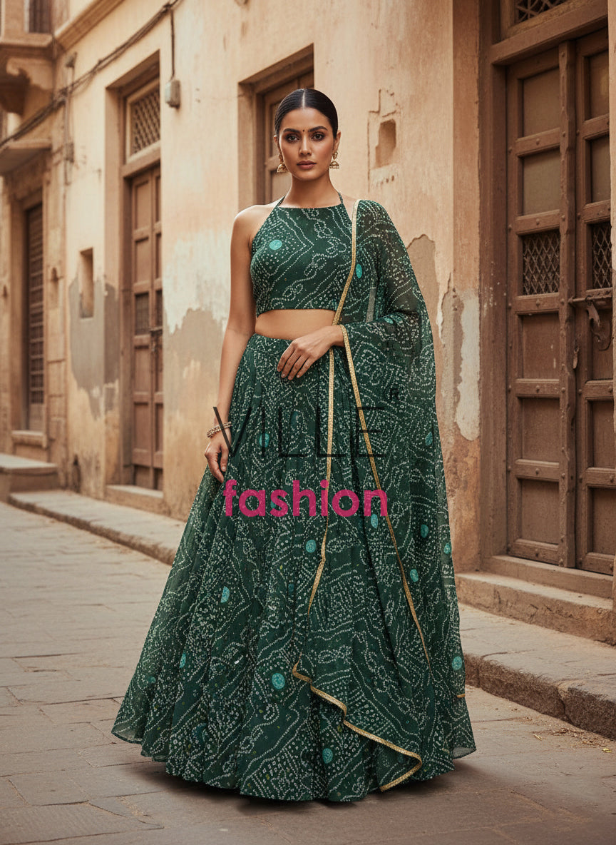 Designer Georgette Lehenga Choli with Printed Work & Lace Border Dupatta