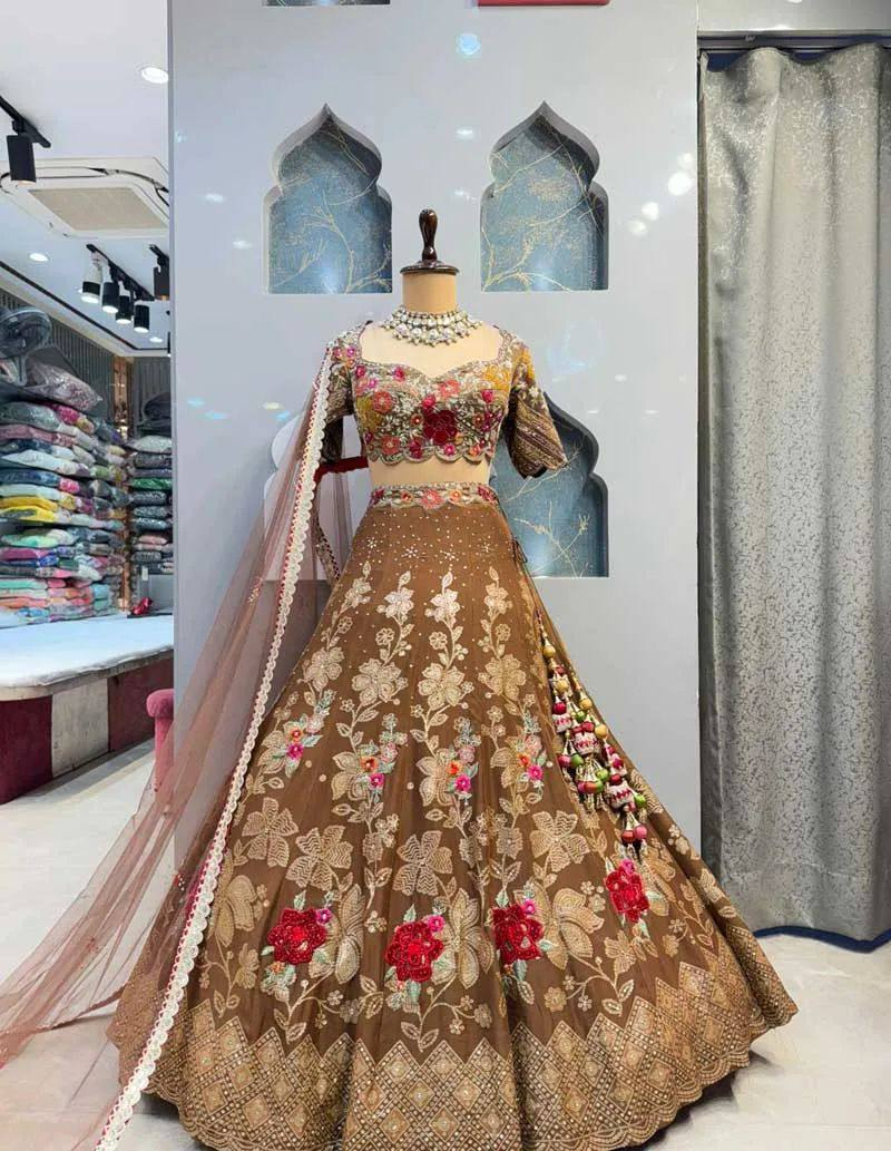 Olive brown bridal lehenga choli with red floral sequins embroidery and matching dupatta
