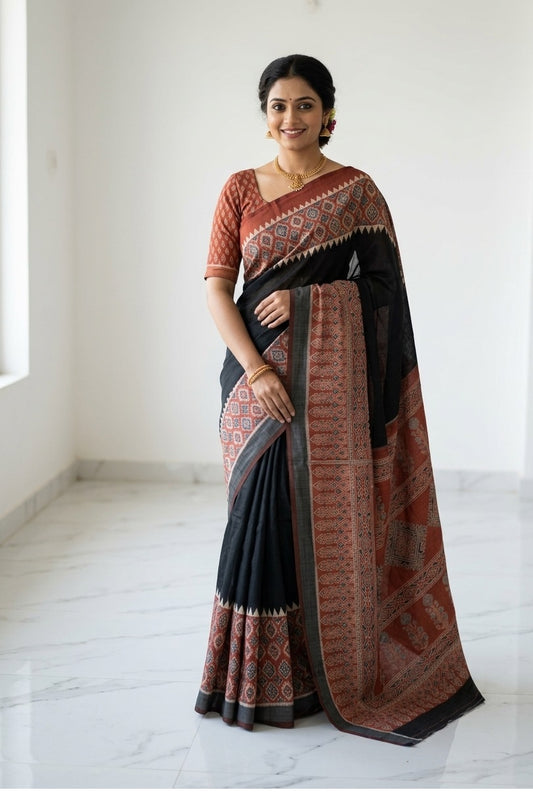 black cotton printed saree