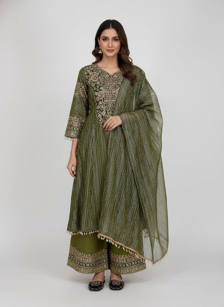 Elegant Olive Green Embroidery Palazzo Suit Set