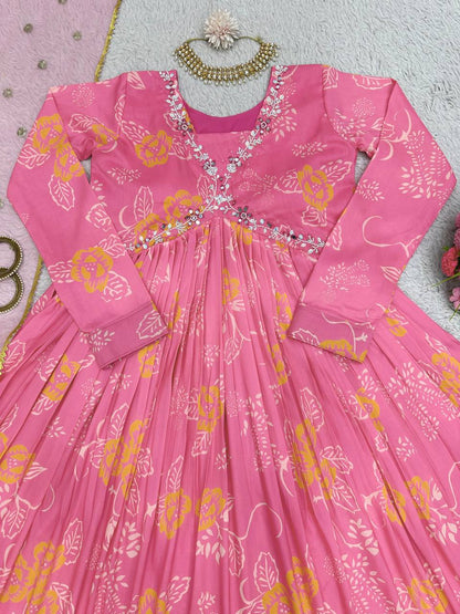 Unique Cotton Muslin Hand Work Digital Printed Gown Dupatta