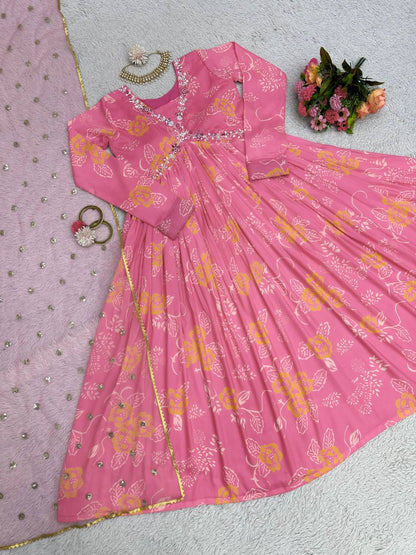 Unique Cotton Muslin Hand Work Digital Printed Gown Dupatta