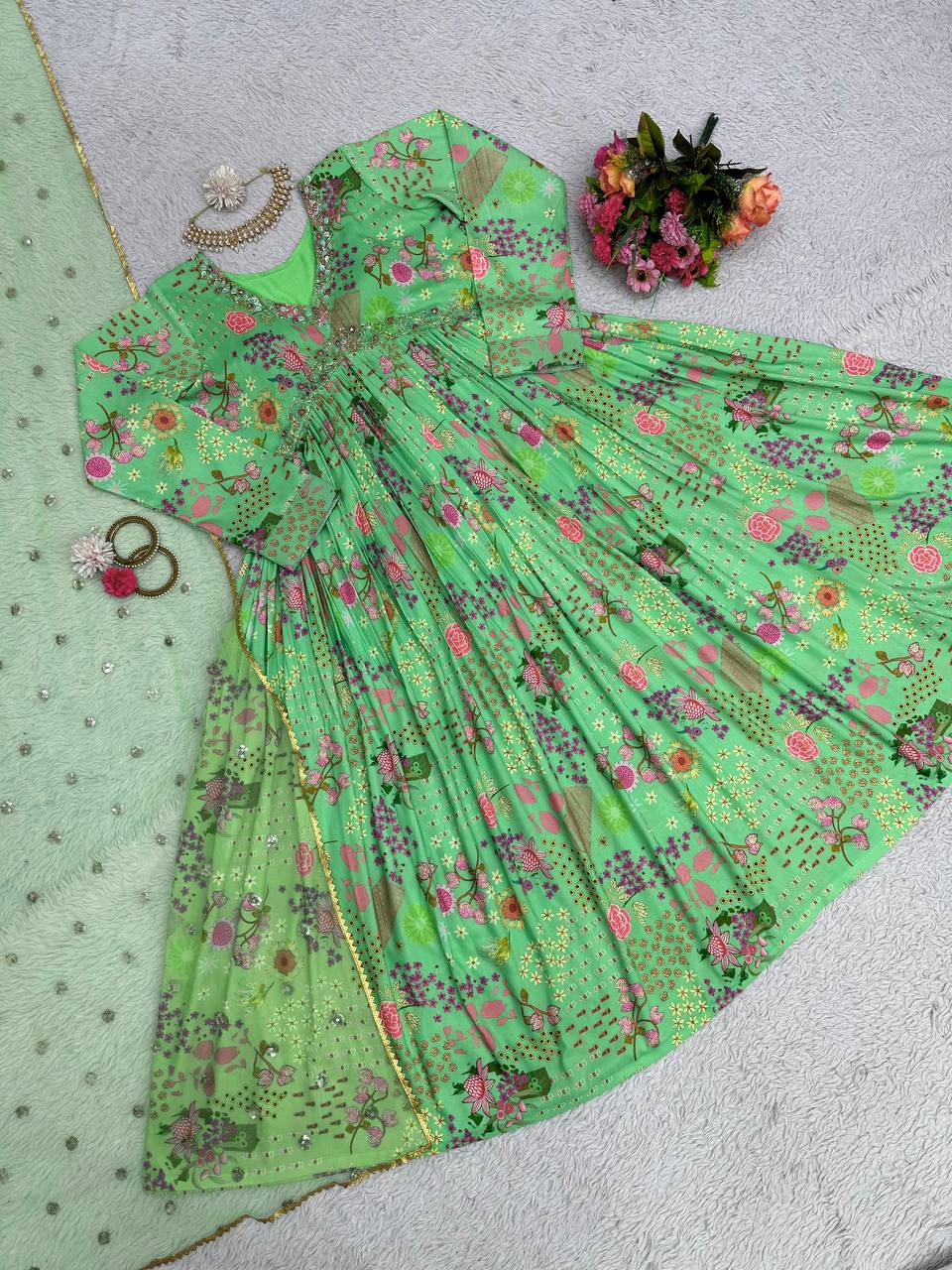 Unique Cotton Muslin Hand Work Digital Printed Gown Dupatta