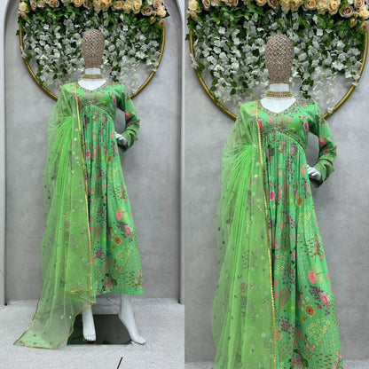 Unique Cotton Muslin Hand Work Digital Printed Gown Dupatta