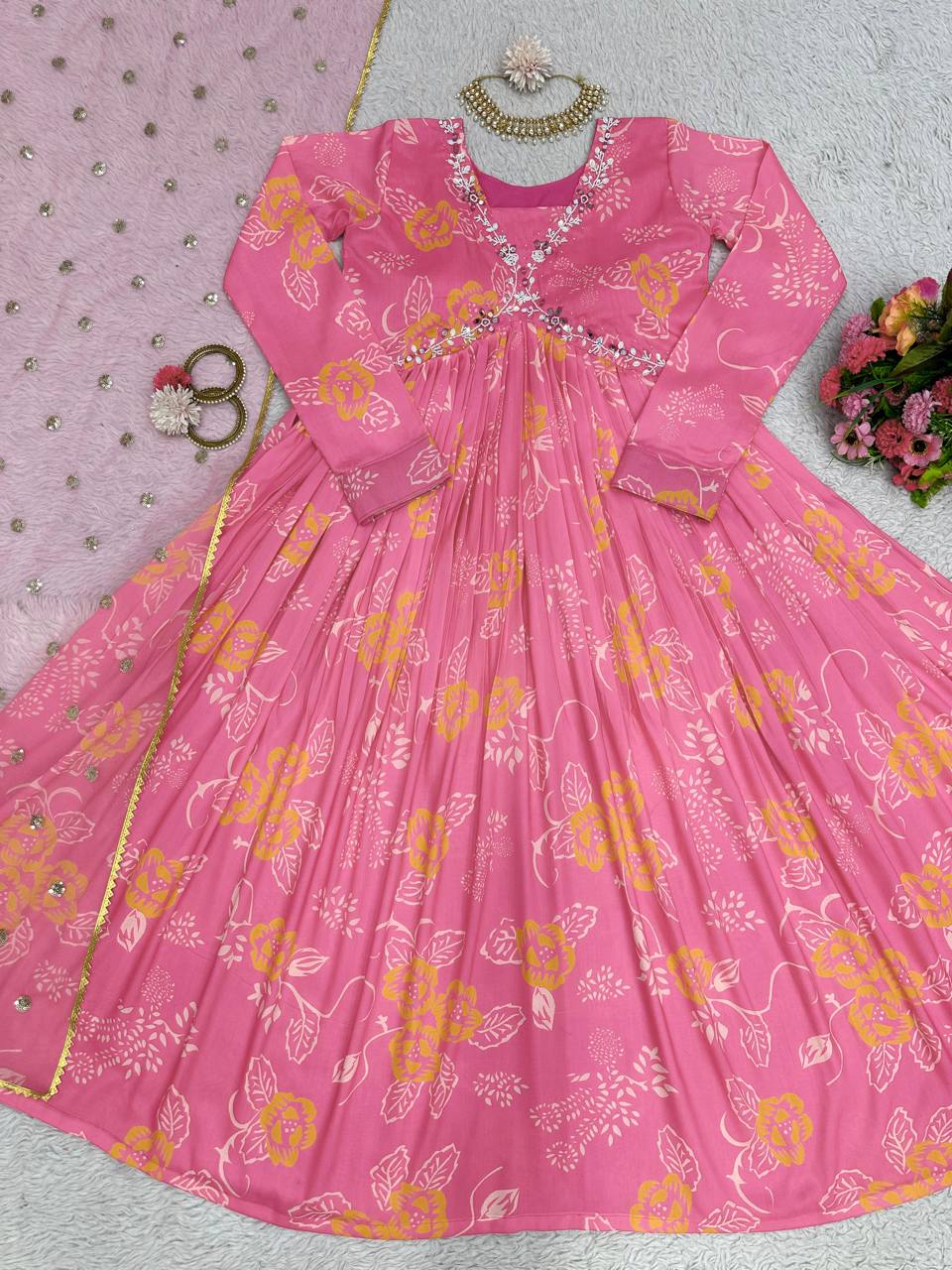 Unique Cotton Muslin Hand Work Digital Printed Gown Dupatta