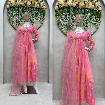 Unique Cotton Muslin Hand Work Digital Printed Gown Dupatta
