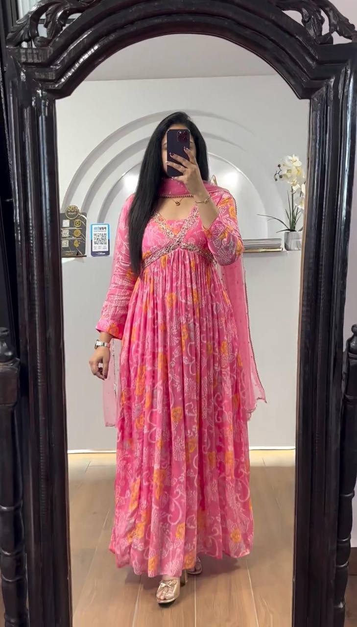 Unique Cotton Muslin Hand Work Digital Printed Gown Dupatta