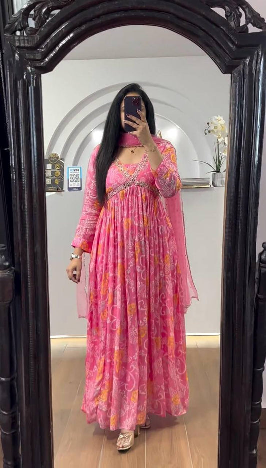 Unique Cotton Muslin Hand Work Digital Printed Gown Dupatta