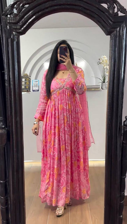 Unique Cotton Muslin Hand Work Digital Printed Gown Dupatta