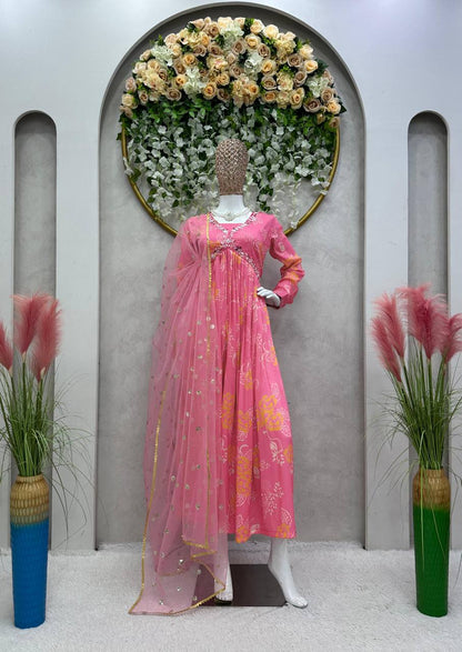 Unique Cotton Muslin Hand Work Digital Printed Gown Dupatta