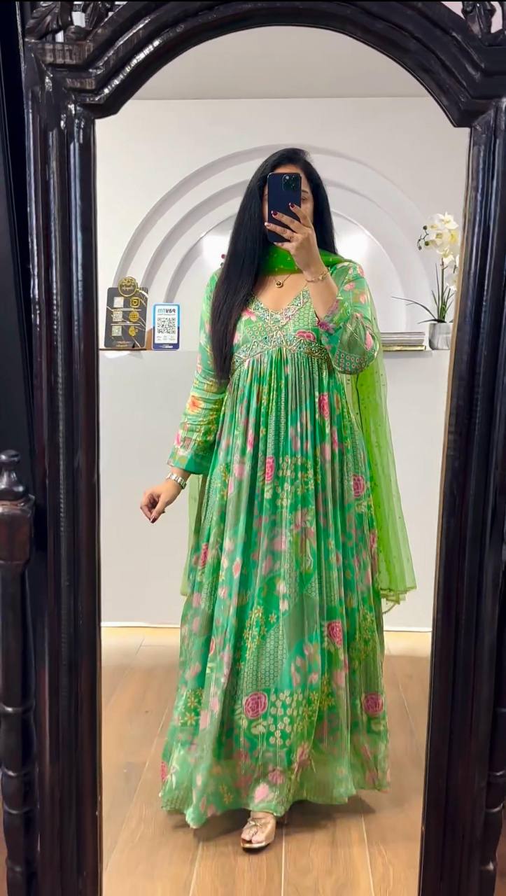 Unique Cotton Muslin Hand Work Digital Printed Gown Dupatta