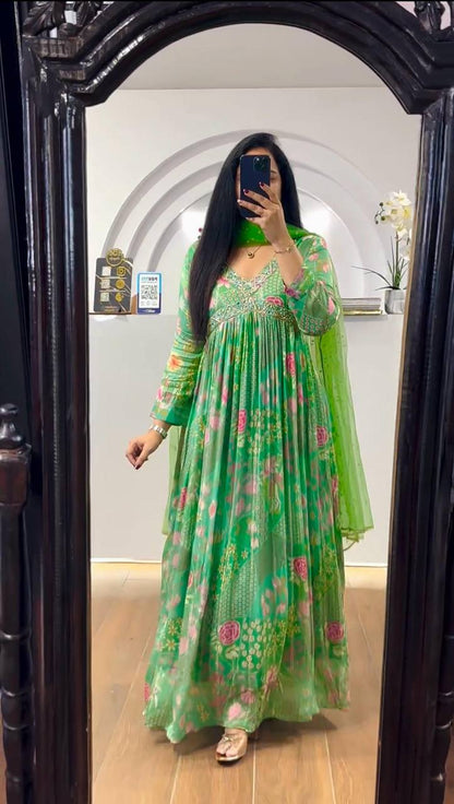 Unique Cotton Muslin Hand Work Digital Printed Gown Dupatta