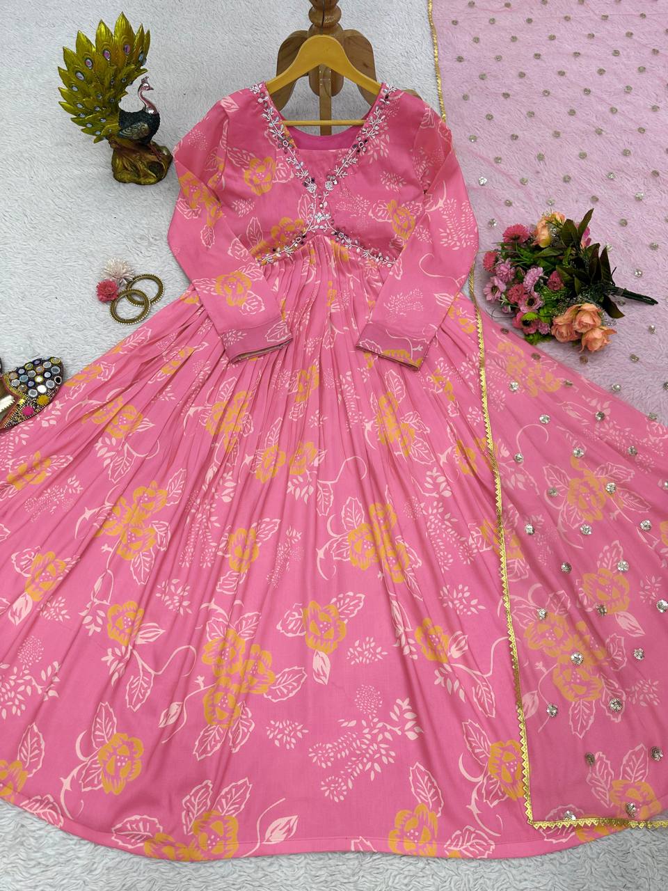Unique Cotton Muslin Hand Work Digital Printed Gown Dupatta