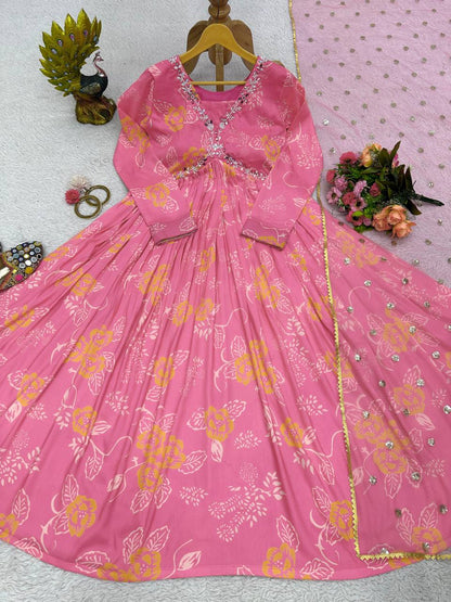 Unique Cotton Muslin Hand Work Digital Printed Gown Dupatta