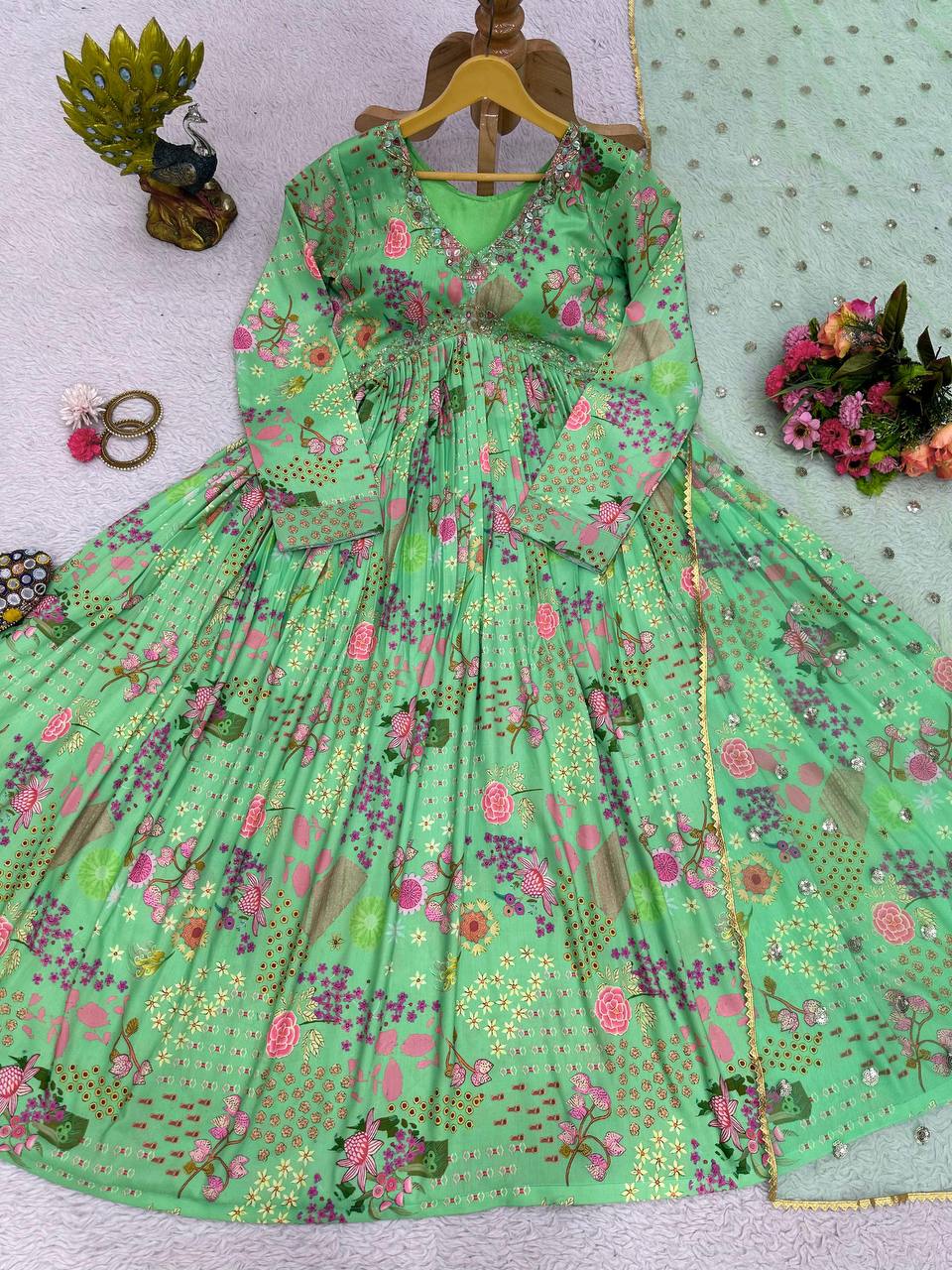 Unique Cotton Muslin Hand Work Digital Printed Gown Dupatta