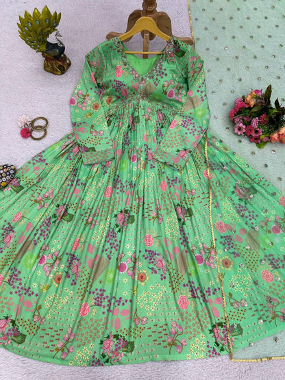 Unique Cotton Muslin Hand Work Digital Printed Gown Dupatta
