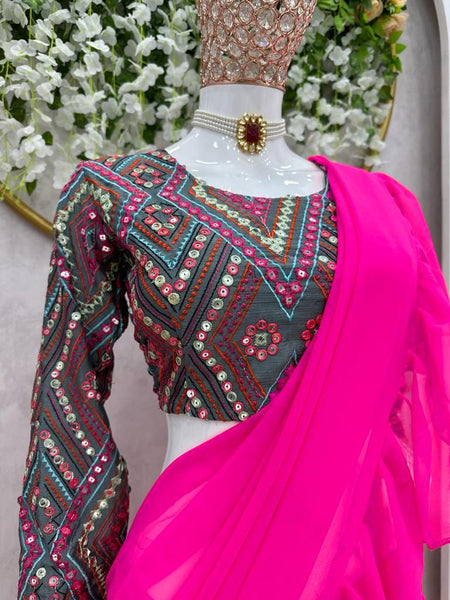 Pink color Designer Embroidery Ruffle lehenga saree with stitched blouse