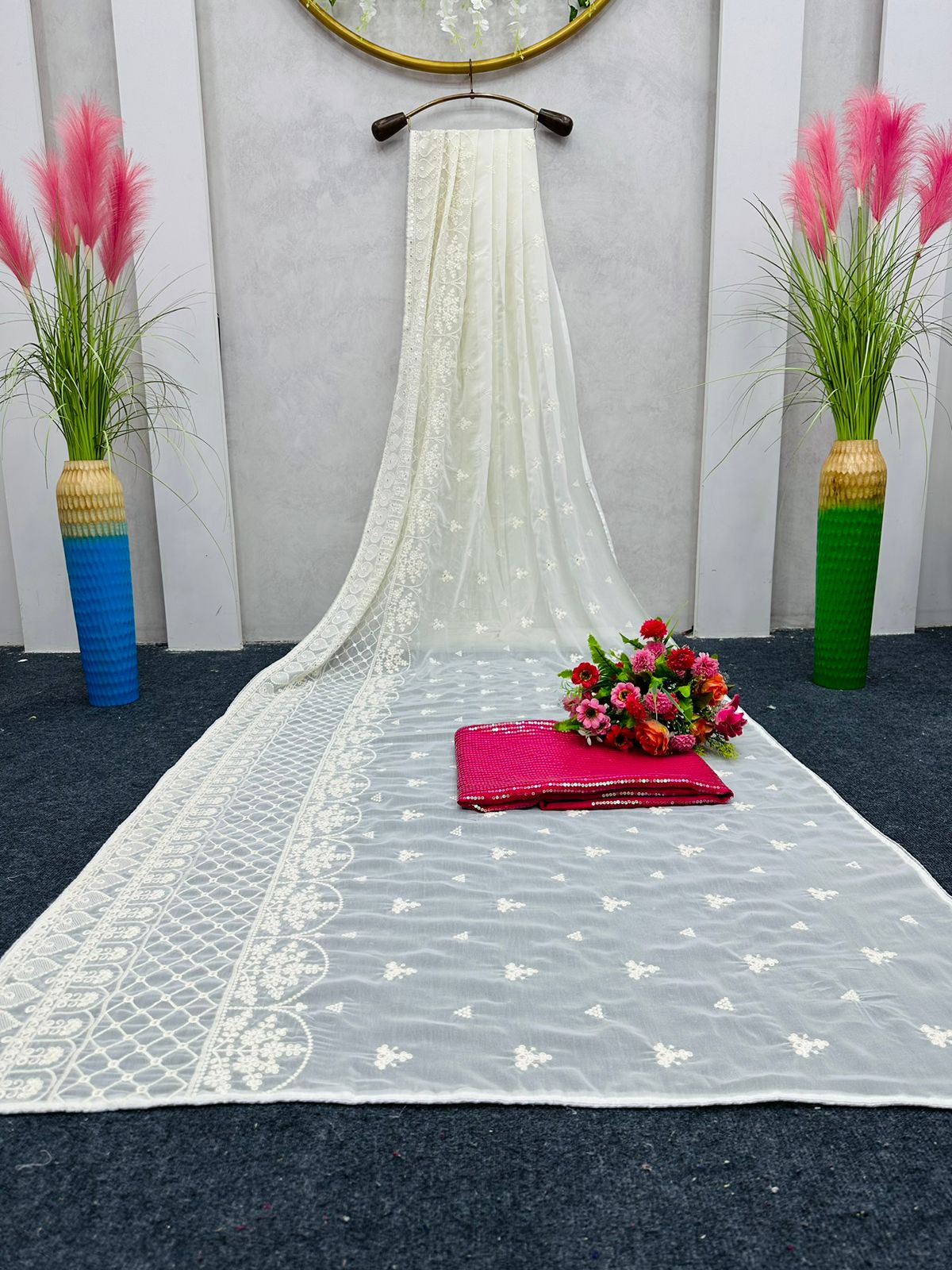 White color georgette Embroidery work Saree with blouse
