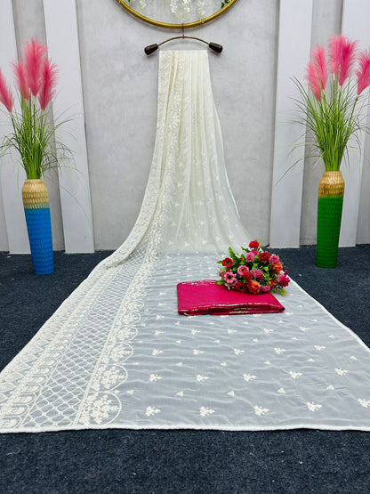 White color georgette Embroidery work Saree with blouse
