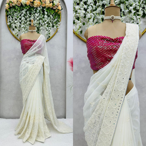 White color georgette Embroidery work Saree with blouse
