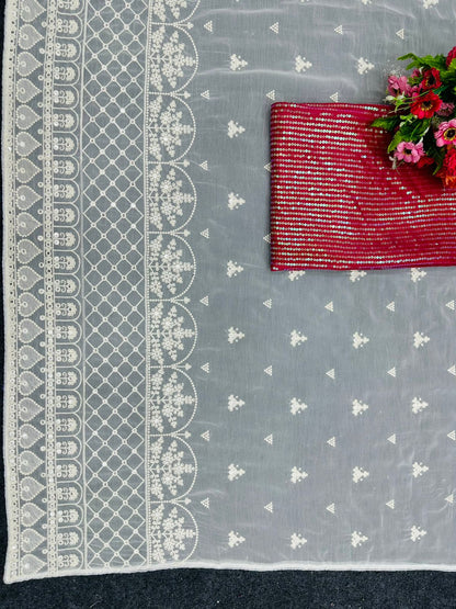 White color georgette Embroidery work Saree with blouse