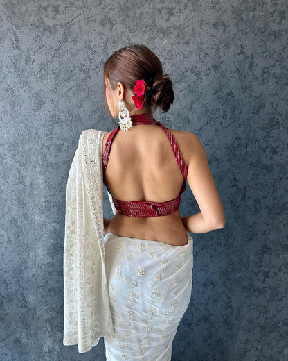 White color georgette Embroidery work Saree with blouse