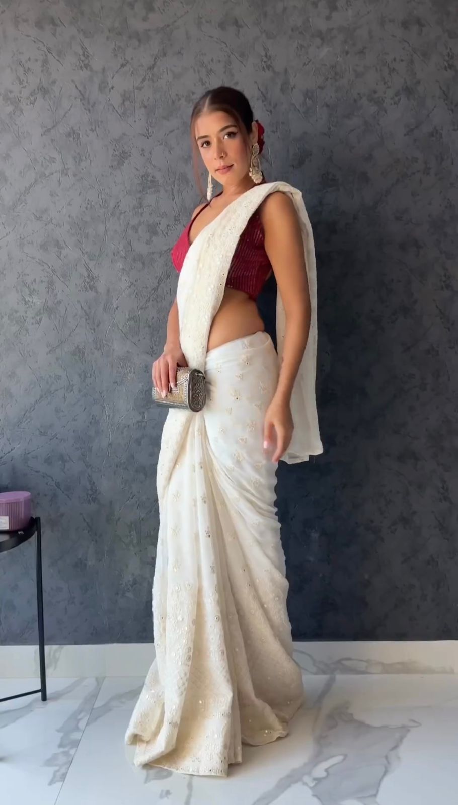 White color georgette Embroidery work Saree with blouse