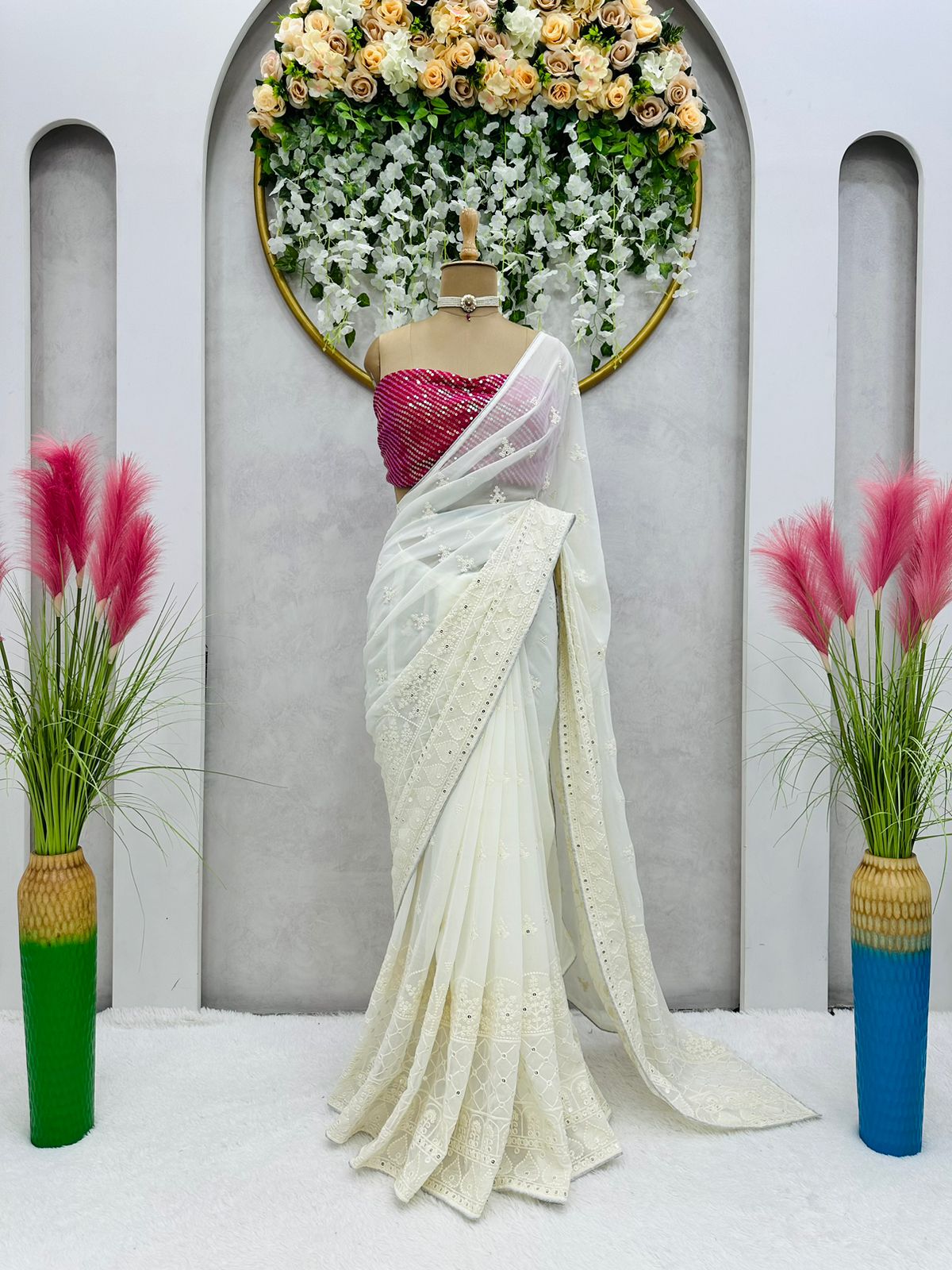 White color georgette Embroidery work Saree with blouse