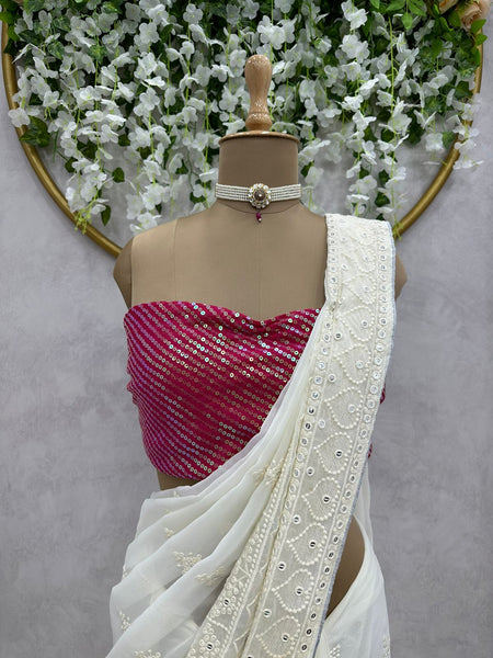 White color georgette Embroidery work Saree with blouse