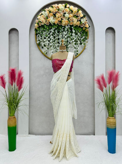White color georgette Embroidery work Saree with blouse