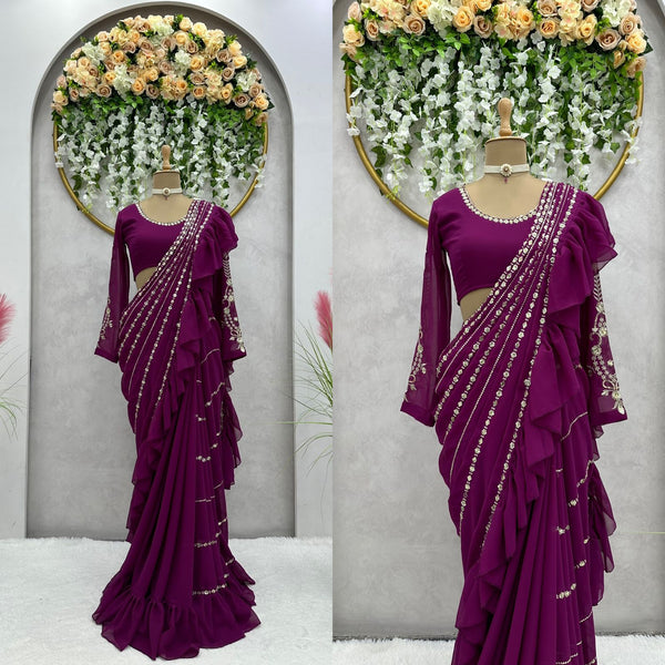 Wine Color Party Wear Ruffle Georgette Ready to wear saree