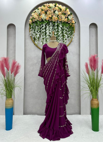 Wine Color Party Wear Ruffle Georgette Ready to wear saree