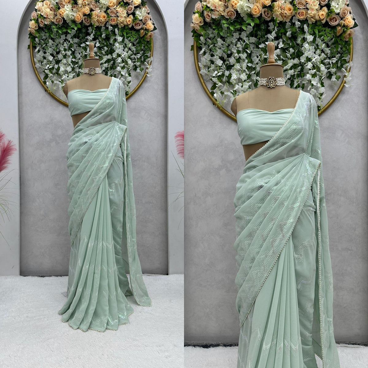 Latest awesome party wear light color georgette saree with blouse