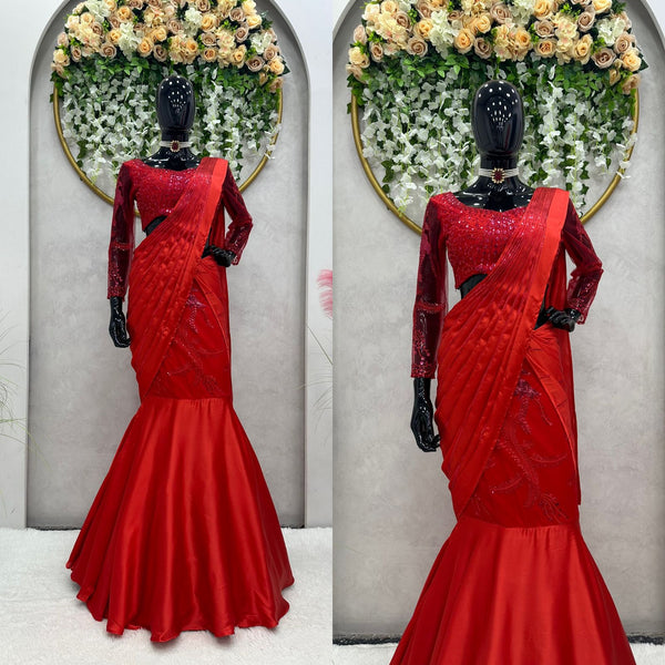 Red Color Satin Silk Embroidery Lehenga Saree