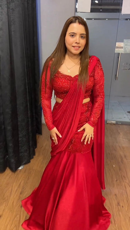 Red Color Satin Silk Embroidery Lehenga Saree