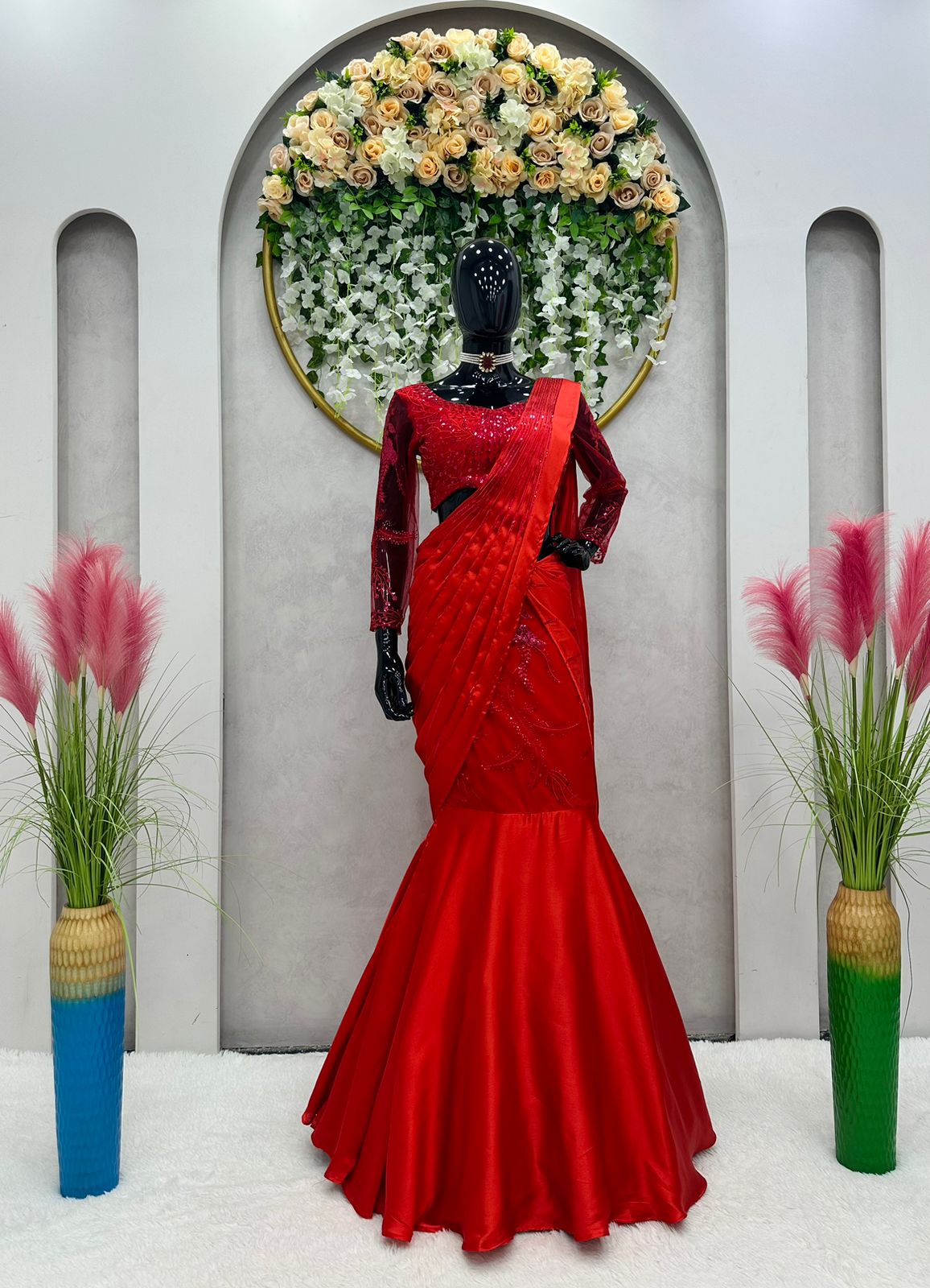 Red Color Satin Silk Embroidery Lehenga Saree