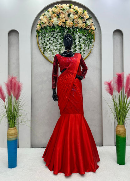 Red Color Satin Silk Embroidery Lehenga Saree