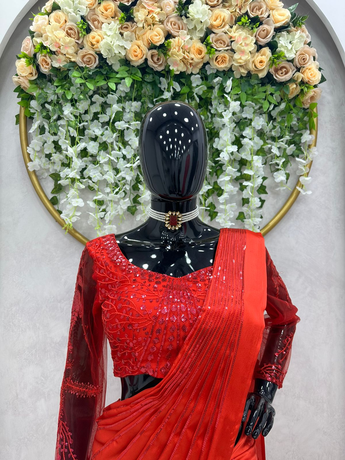 Red Color Satin Silk Embroidery Lehenga Saree