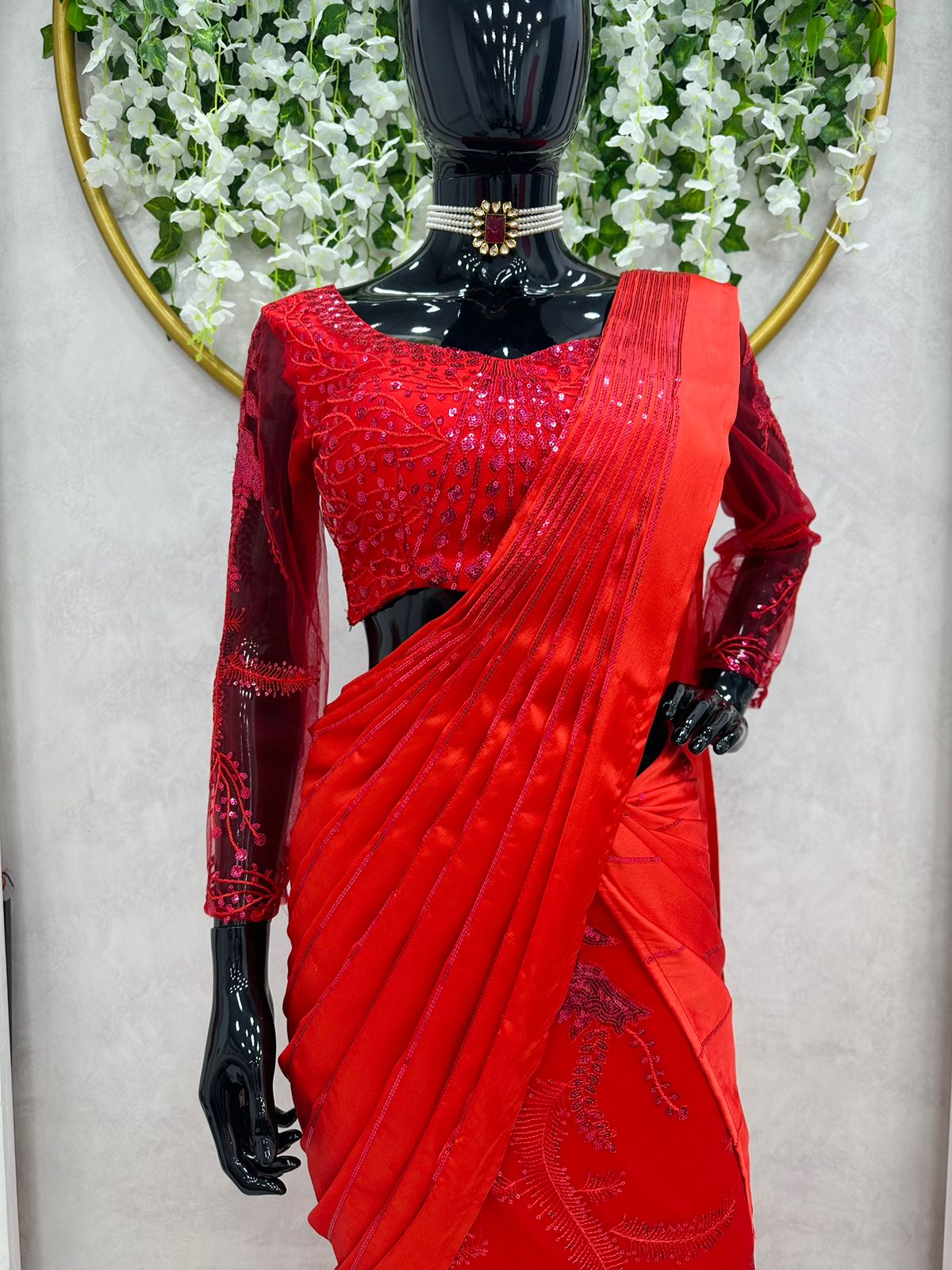 Red Color Satin Silk Embroidery Lehenga Saree