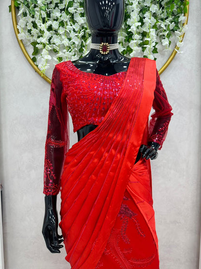 Red Color Satin Silk Embroidery Lehenga Saree