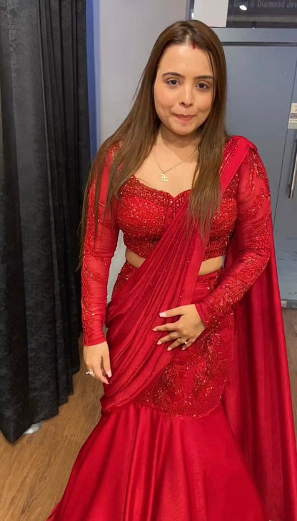 Red Color Satin Silk Embroidery Lehenga Saree