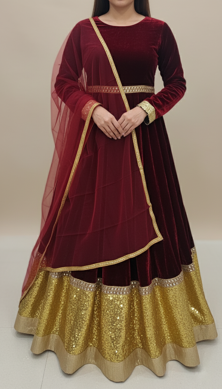 Semi Stitched Maroon Color Velvet Gown