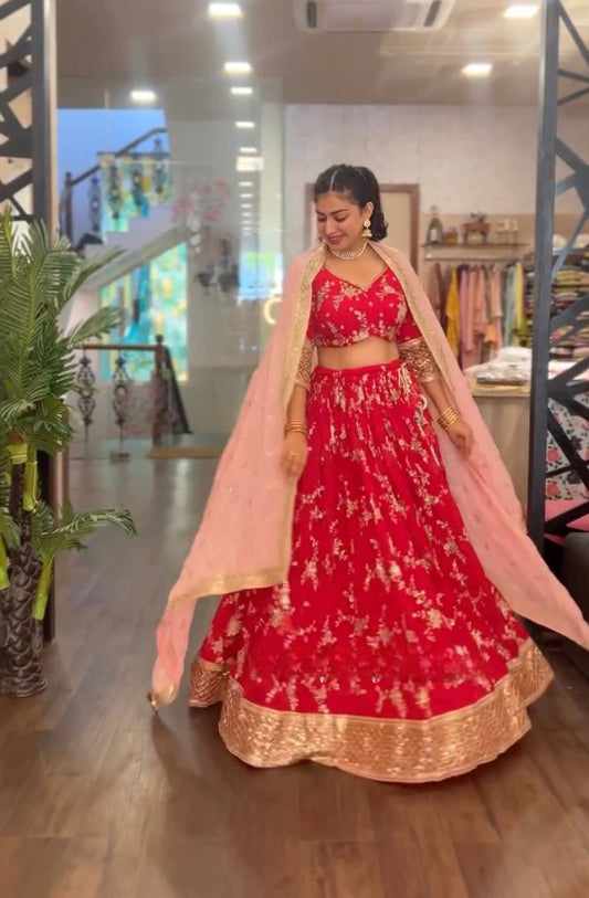 Unique Red Color Sequence Embroidered Work Georgette Lehenga Choli