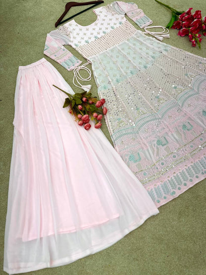 Designer Party Wear Look Embroidery Sequence Work Naira Cut Gown And Bottom