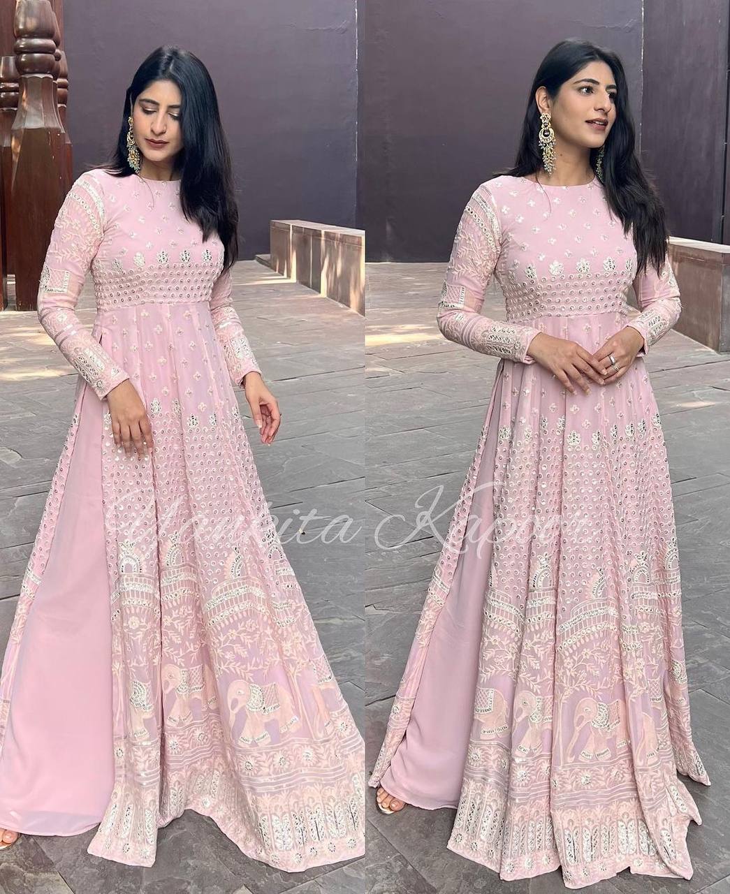 Designer Party Wear Look Embroidery Sequence Work Naira Cut Gown And Bottom