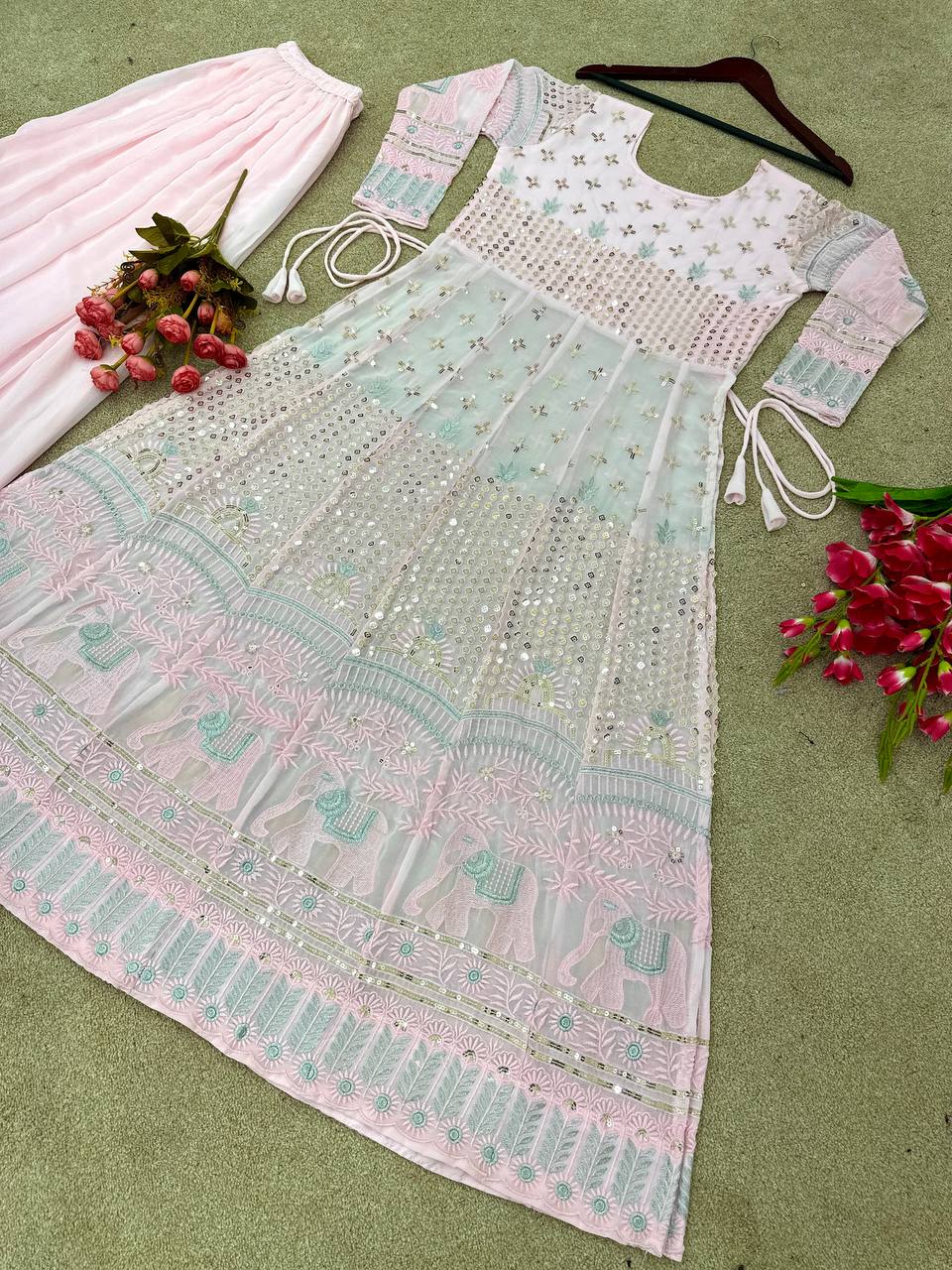 Designer Party Wear Look Embroidery Sequence Work Naira Cut Gown And Bottom