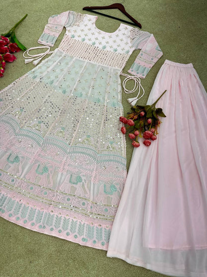 Designer Party Wear Look Embroidery Sequence Work Naira Cut Gown And Bottom