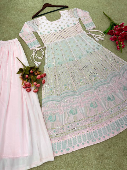 Designer Party Wear Look Embroidery Sequence Work Naira Cut Gown And Bottom